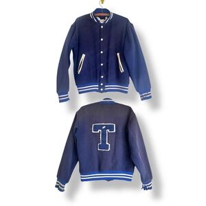 Vintage 1950s FELCO Reprocessed Wool Blue Snap Letterman Jacket "T" Patch Mens M
